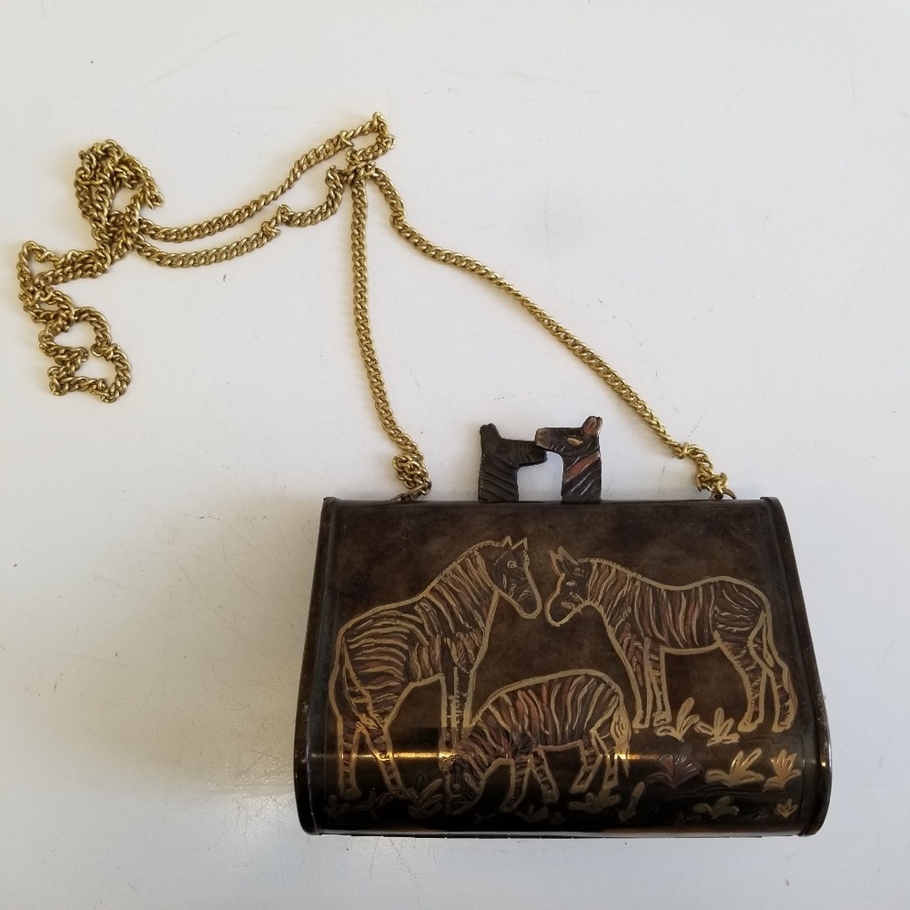Vintage Brass Zebra Clutch Purse with Chain –Evening Bag